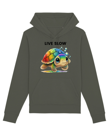 Broasca testoasa pictata in acuarela cu mesajul Live Slow Khaki