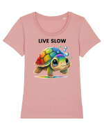 Broasca testoasa pictata in acuarela cu mesajul Live Slow Tricou mânecă scurtă guler larg fitted Damă Expresser