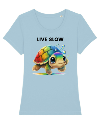 Broasca testoasa pictata in acuarela cu mesajul Live Slow Sky Blue