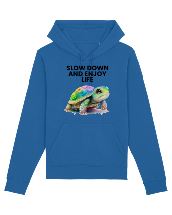 Broasca testoasa pictata in acuarela cu mesajul  Slow Down and Enjoy Life Royal Blue