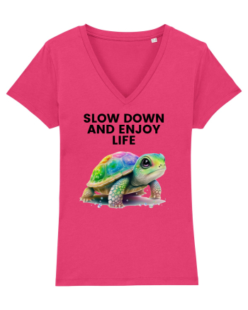 Broasca testoasa pictata in acuarela cu mesajul  Slow Down and Enjoy Life Raspberry