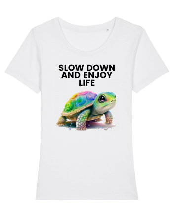 Broasca testoasa pictata in acuarela cu mesajul  Slow Down and Enjoy Life White