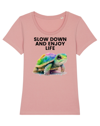Broasca testoasa pictata in acuarela cu mesajul  Slow Down and Enjoy Life Canyon Pink