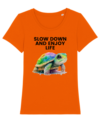 Broasca testoasa pictata in acuarela cu mesajul  Slow Down and Enjoy Life Bright Orange