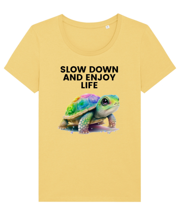 Broasca testoasa pictata in acuarela cu mesajul  Slow Down and Enjoy Life Jojoba
