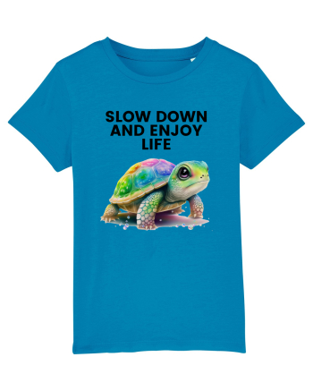 Broasca testoasa pictata in acuarela cu mesajul  Slow Down and Enjoy Life Azur