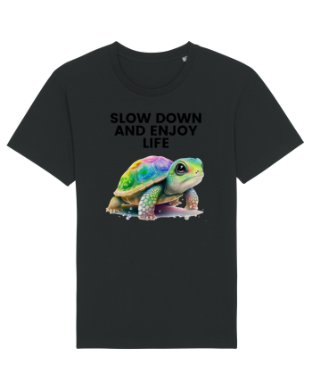 Broasca testoasa pictata in acuarela cu mesajul  Slow Down and Enjoy Life Black