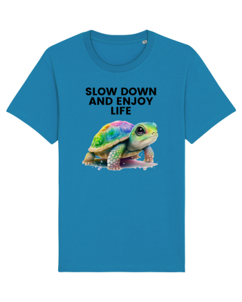 Broasca testoasa pictata in acuarela cu mesajul  Slow Down and Enjoy Life Azur