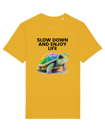 Broasca testoasa pictata in acuarela cu mesajul  Slow Down and Enjoy Life Spectra Yellow