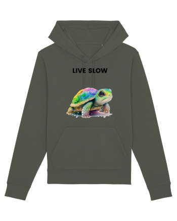 Broasca testoasa pictata in acuarela cu mesajul Live Slow Khaki