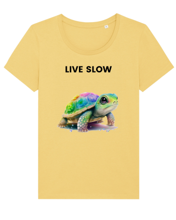 Broasca testoasa pictata in acuarela cu mesajul Live Slow Jojoba