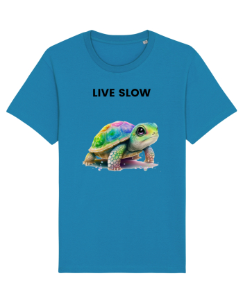Broasca testoasa pictata in acuarela cu mesajul Live Slow Azur