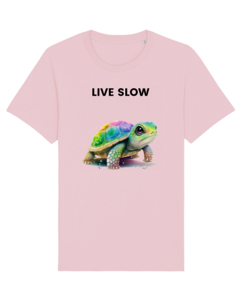 Broasca testoasa pictata in acuarela cu mesajul Live Slow Cotton Pink