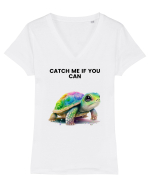 Broasca testoasa pictata in acuarela cu mesajul Catch Me If You Can Tricou mânecă scurtă guler V Damă Evoker