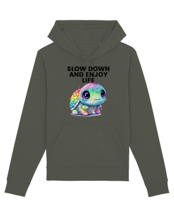 Broasca testoasa pictata in acuarela cu mesajul  Slow Down and Enjoy Life Khaki