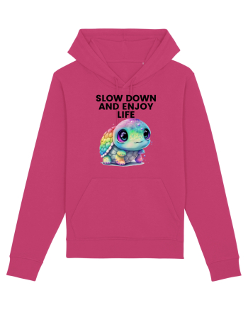 Broasca testoasa pictata in acuarela cu mesajul  Slow Down and Enjoy Life Raspberry