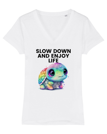 Broasca testoasa pictata in acuarela cu mesajul  Slow Down and Enjoy Life White