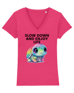 Broasca testoasa pictata in acuarela cu mesajul  Slow Down and Enjoy Life Tricou mânecă scurtă guler V Damă Evoker