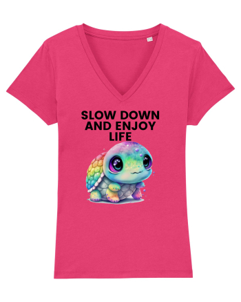 Broasca testoasa pictata in acuarela cu mesajul  Slow Down and Enjoy Life Raspberry
