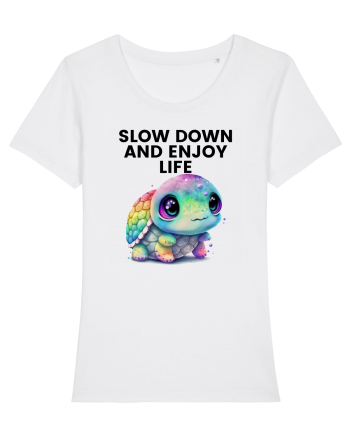 Broasca testoasa pictata in acuarela cu mesajul  Slow Down and Enjoy Life White