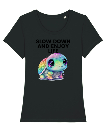 Broasca testoasa pictata in acuarela cu mesajul  Slow Down and Enjoy Life Black
