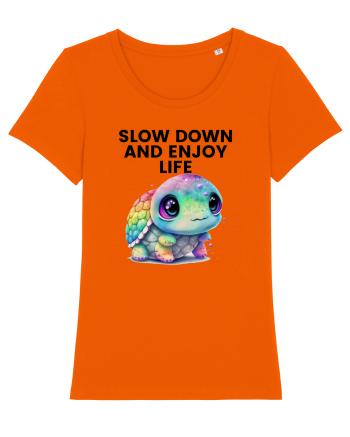 Broasca testoasa pictata in acuarela cu mesajul  Slow Down and Enjoy Life Bright Orange