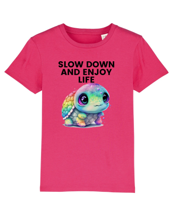 Broasca testoasa pictata in acuarela cu mesajul  Slow Down and Enjoy Life Raspberry