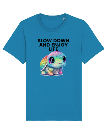 Broasca testoasa pictata in acuarela cu mesajul  Slow Down and Enjoy Life Azur