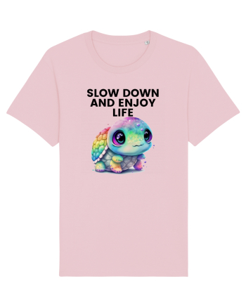Broasca testoasa pictata in acuarela cu mesajul  Slow Down and Enjoy Life Cotton Pink