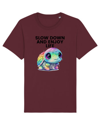 Broasca testoasa pictata in acuarela cu mesajul  Slow Down and Enjoy Life Burgundy