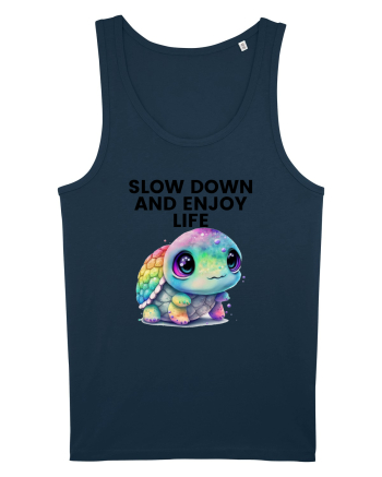 Broasca testoasa pictata in acuarela cu mesajul  Slow Down and Enjoy Life Navy