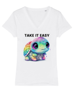Broasca testoasa pictata in acuarela cu mesajul  Take it Easy Tricou mânecă scurtă guler V Damă Evoker