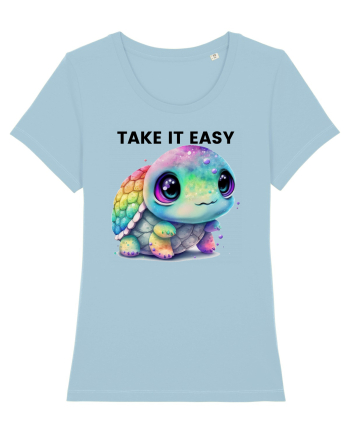 Broasca testoasa pictata in acuarela cu mesajul  Take it Easy Sky Blue