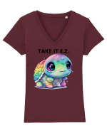Broasca testoasa pictata in acuarela cu mesajul  Take it E.Z. Tricou mânecă scurtă guler V Damă Evoker