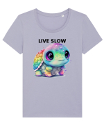 Broasca testoasa pictata in acuarela cu mesajul Live Slow Tricou mânecă scurtă guler larg fitted Damă Expresser