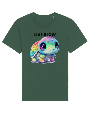 Broasca testoasa pictata in acuarela cu mesajul Live Slow Bottle Green