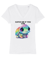 Broasca testoasa pictata in acuarela cu mesajul Catch Me If You Can Tricou mânecă scurtă guler V Damă Evoker