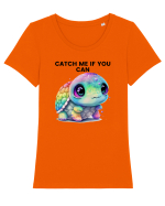 Broasca testoasa pictata in acuarela cu mesajul Catch Me If You Can Tricou mânecă scurtă guler larg fitted Damă Expresser