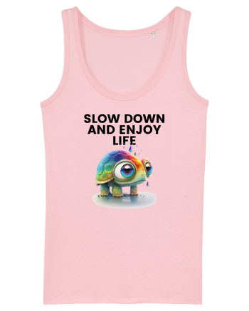 Broasca testoasa pictata in acuarela cu mesajul  Slow Down and Enjoy Life Cotton Pink
