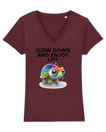 Broasca testoasa pictata in acuarela cu mesajul  Slow Down and Enjoy Life Burgundy