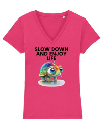 Broasca testoasa pictata in acuarela cu mesajul  Slow Down and Enjoy Life Raspberry