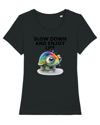 Broasca testoasa pictata in acuarela cu mesajul  Slow Down and Enjoy Life Black