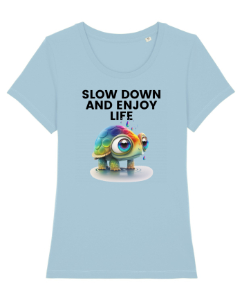 Broasca testoasa pictata in acuarela cu mesajul  Slow Down and Enjoy Life Sky Blue