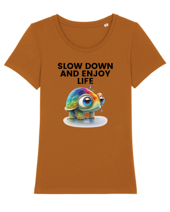 Broasca testoasa pictata in acuarela cu mesajul  Slow Down and Enjoy Life Roasted Orange
