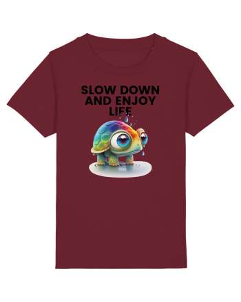 Broasca testoasa pictata in acuarela cu mesajul  Slow Down and Enjoy Life Burgundy
