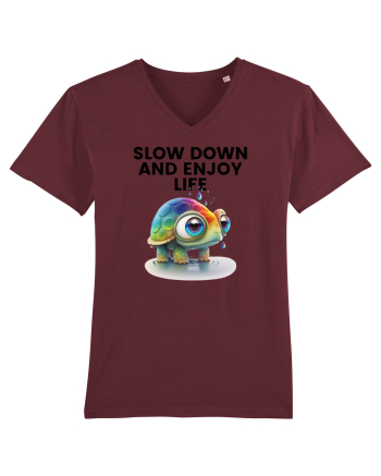 Broasca testoasa pictata in acuarela cu mesajul  Slow Down and Enjoy Life Burgundy