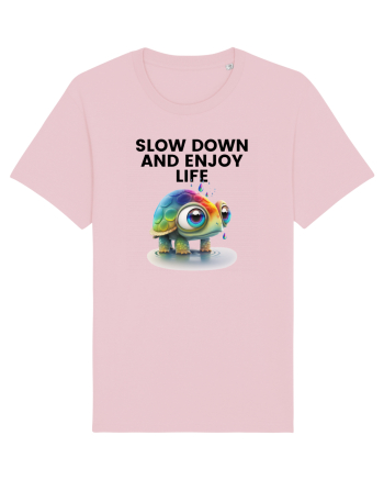Broasca testoasa pictata in acuarela cu mesajul  Slow Down and Enjoy Life Cotton Pink