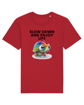 Broasca testoasa pictata in acuarela cu mesajul  Slow Down and Enjoy Life Red