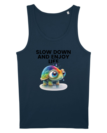 Broasca testoasa pictata in acuarela cu mesajul  Slow Down and Enjoy Life Navy