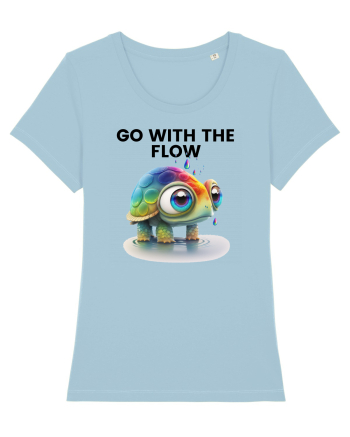 Broasca testoasa pictata in acuarela cu mesajul  Go with the Flow Sky Blue